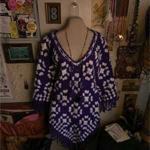 Knit Crochet Granny Square Poncho Adult Unisex Purple White Fringe